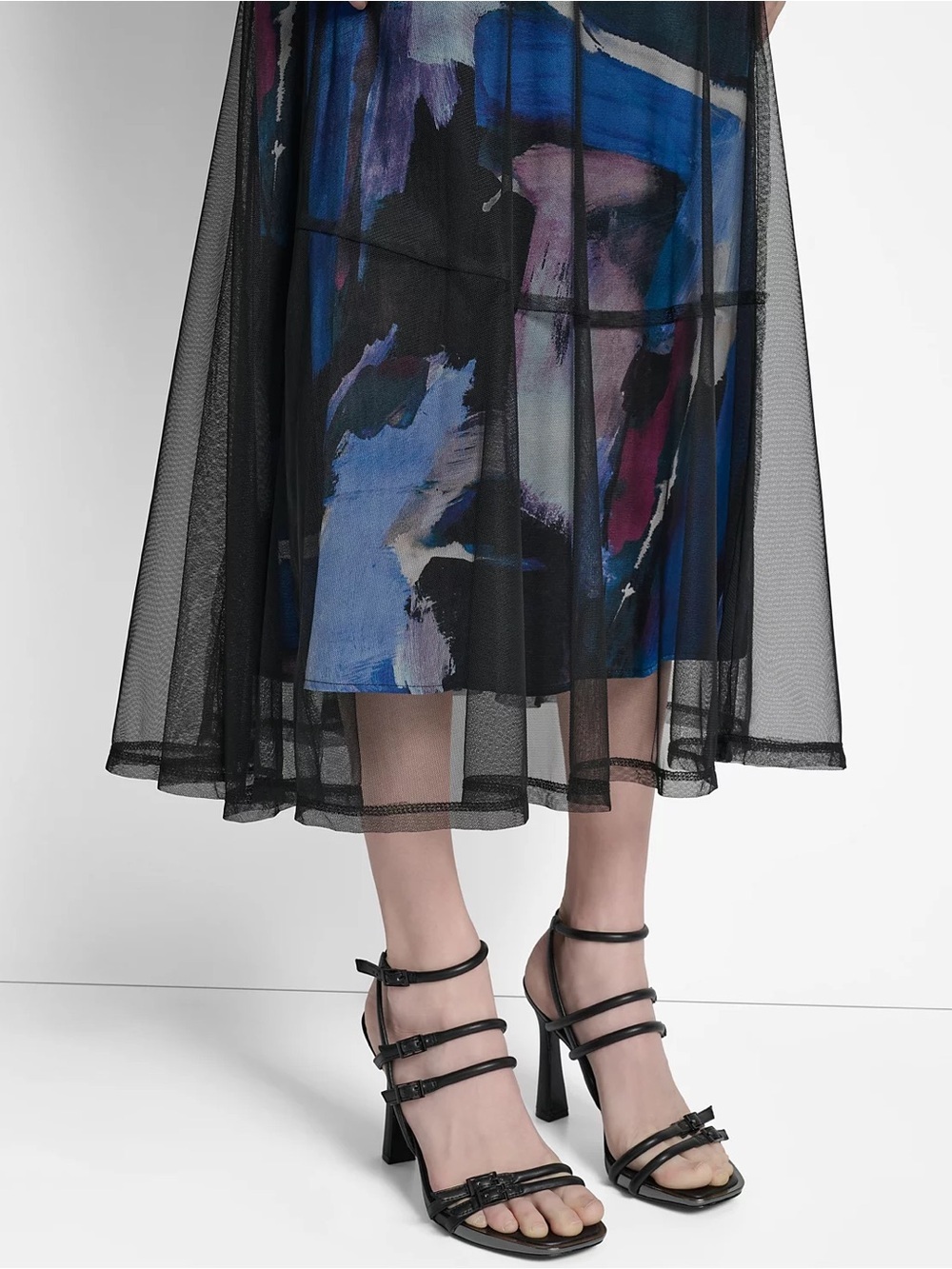 DKNY Black Mesh Midi Skirt with Blue & Purple Abstract Print - Picture 4 of 4